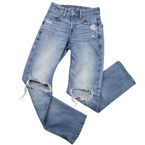 American Eagle Women’s Curvy Straight Jeans 00 Distressed Light Wash Blue Denim - Picture 1 of 14